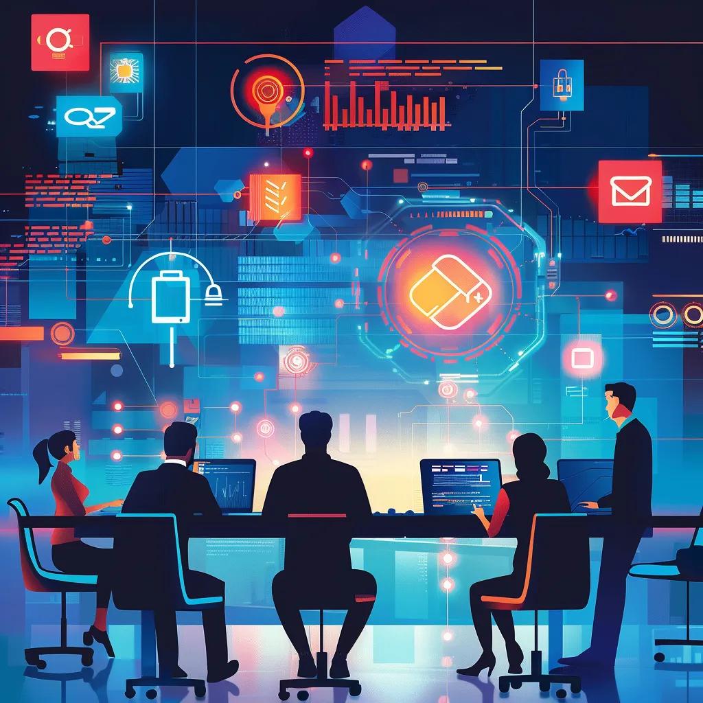 Employees participating in a cybersecurity training session with technology elements