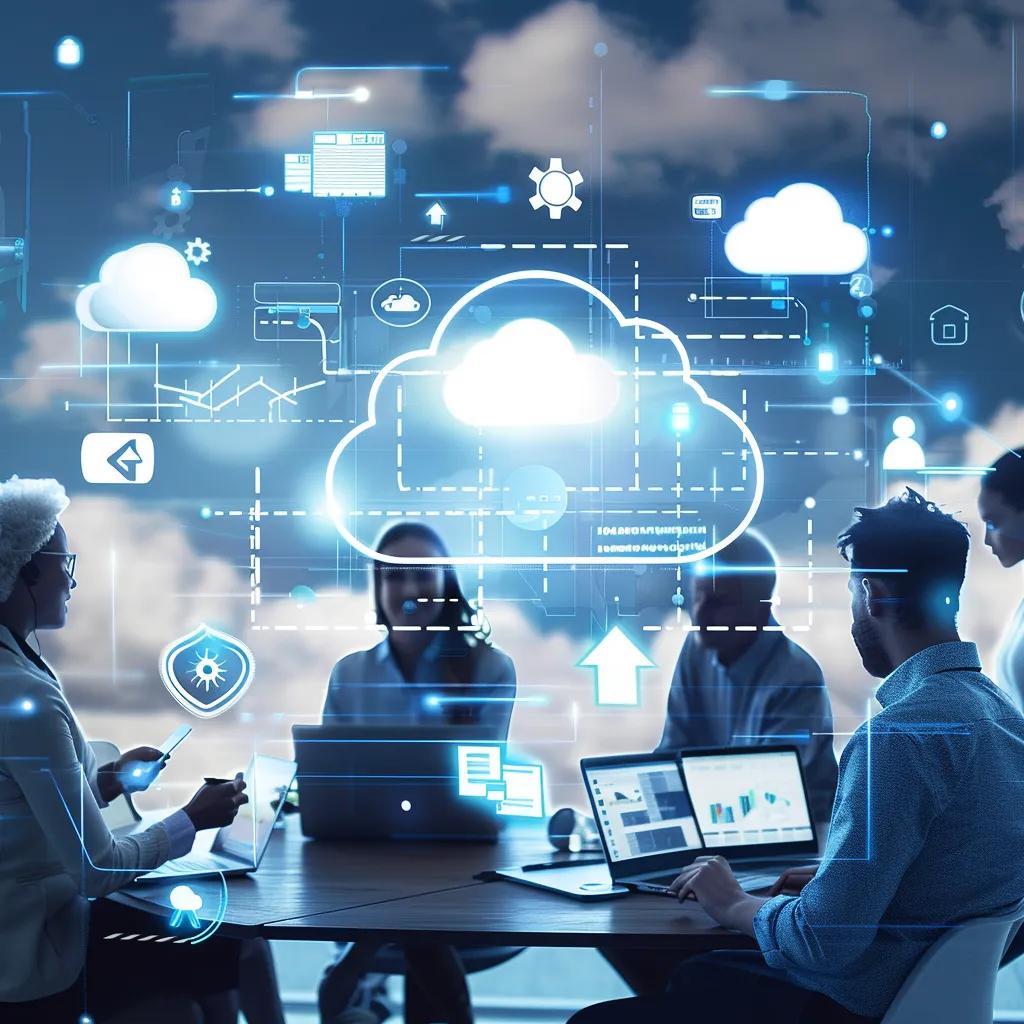 Professionals accessing cloud computing services on various devices, illustrating business scalability and remote work