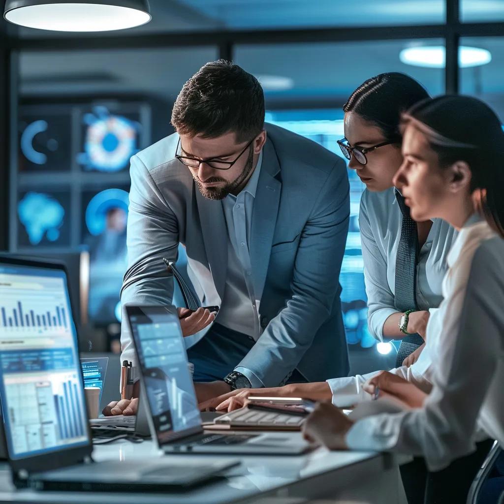 IT professionals collaborating in a modern office setting, showcasing managed IT services and technology solutions