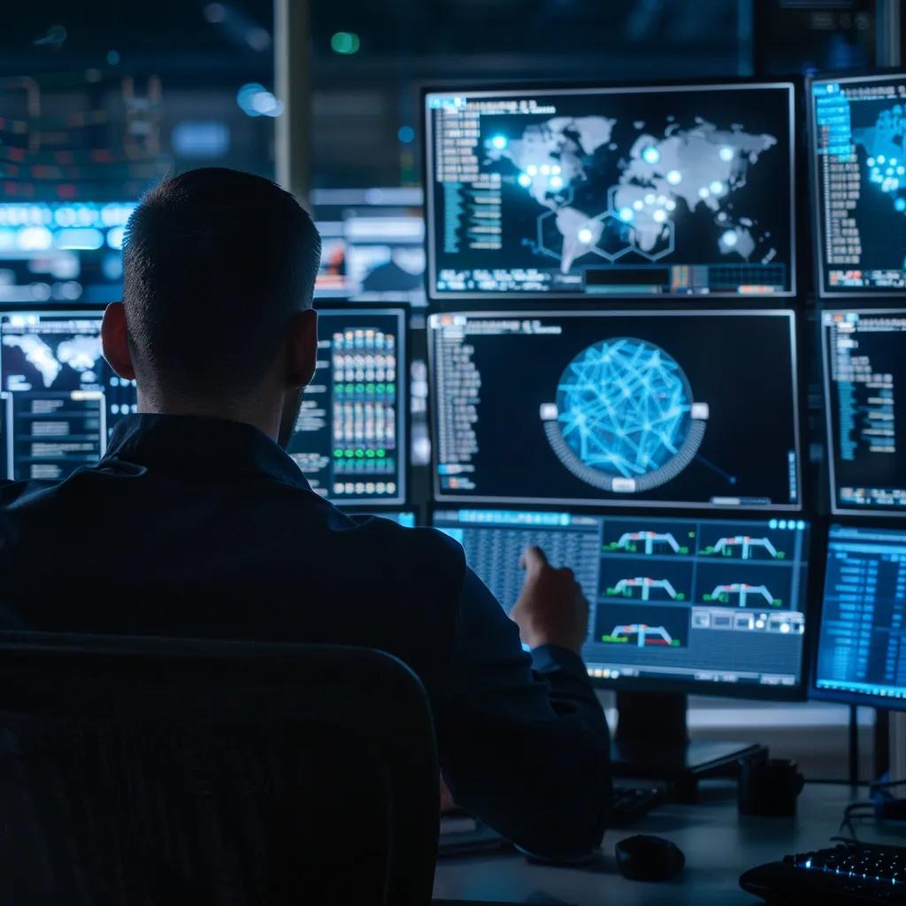 Cybersecurity expert monitoring threats in a high-tech control room