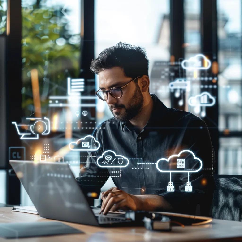 Small business owner utilizing cloud computing services for data access and security