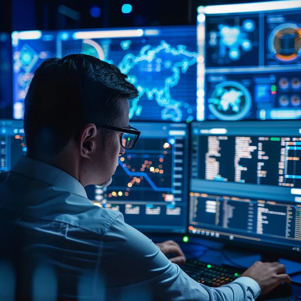 Cybersecurity expert analyzing data on a computer screen, representing comprehensive cybersecurity solutions for SMBs