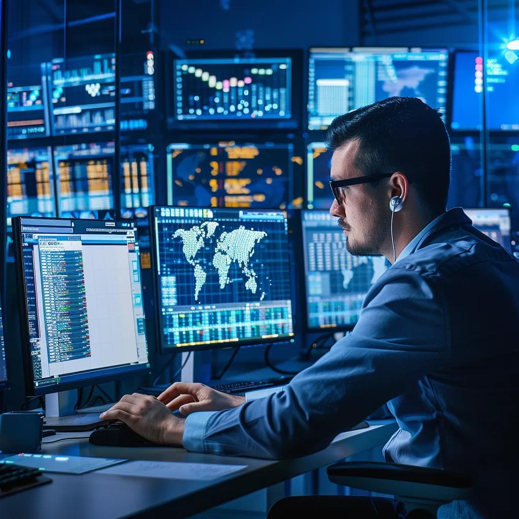 IT technician monitoring network performance in a control room, illustrating proactive IT management and productivity enhancement