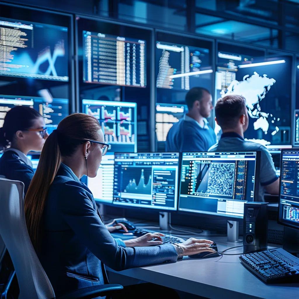 Managed IT services team monitoring systems in a control room