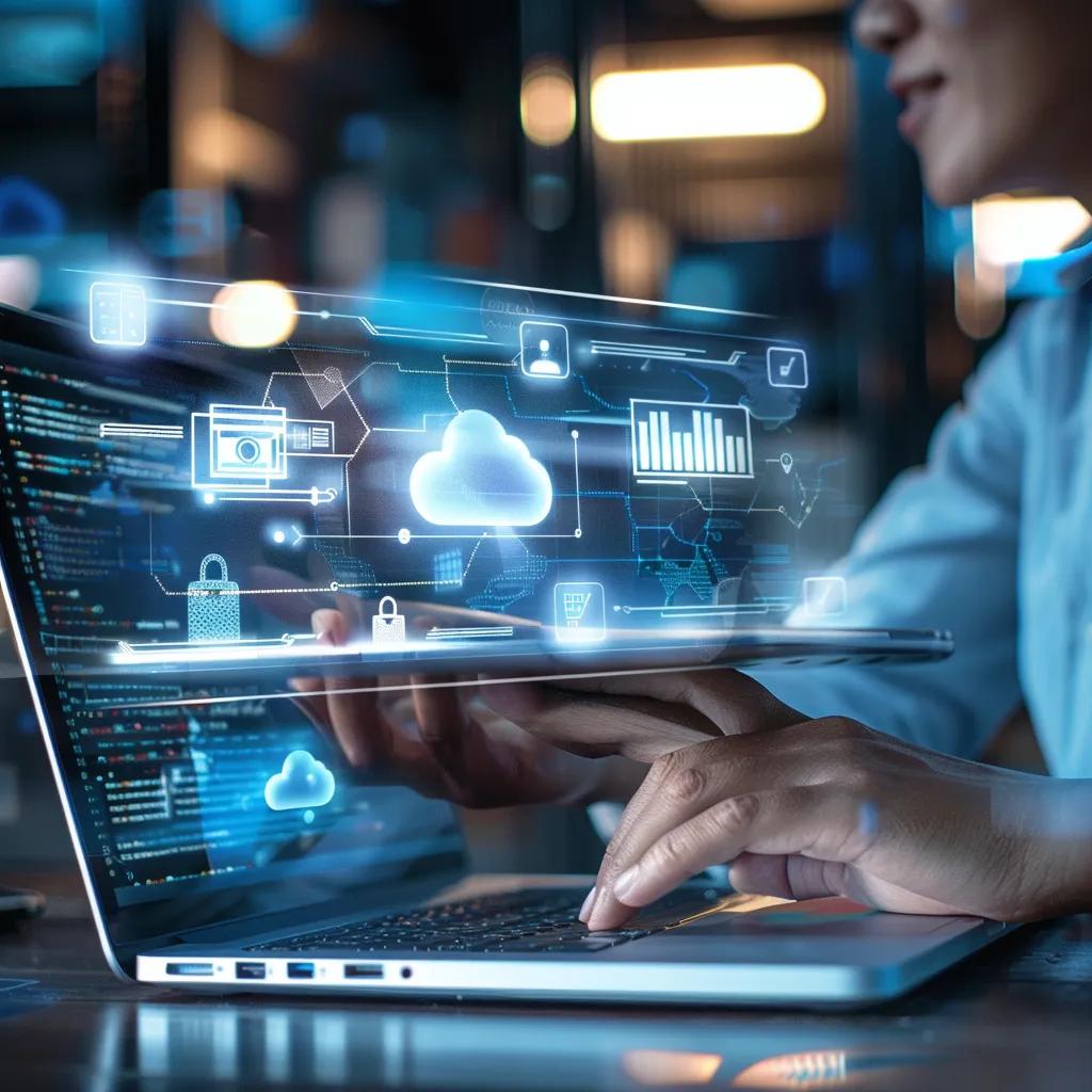 Small business owner examining data backup solutions with cloud and physical storage