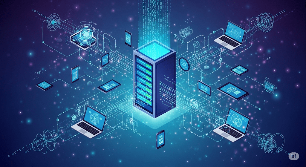 Managed IT services in Orange, TX. A visual representation of a secure network with servers, computers, and data flow.